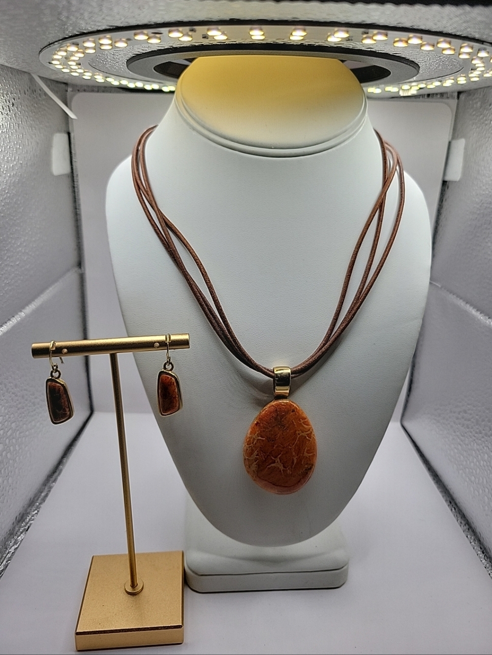 Barse Signed Sponge Coral Necklace And Earring Set With Leather Cord Western